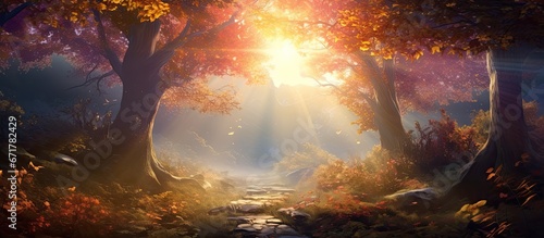 Enchanted autumn scenery with dreamy colors sun rays through misty forest path