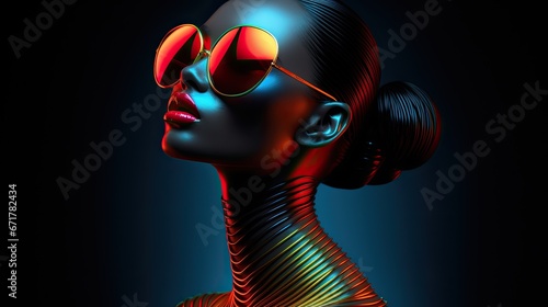 Around the neck of the female afro model is an accessory in the form of metal rings. Dark-skinned girl with sunglasses and red lipstick on her lips in profile. Illustration for cover, interior design.