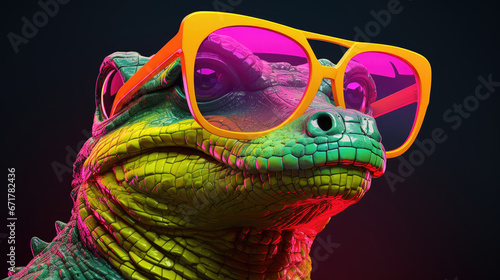 A crocodile with glasses. Close portrait of a stern alligator. Digital art. Animal fashion. Figurine made of plastic or other material. Printable design for t-shirt, bag, postcard, case, etc.