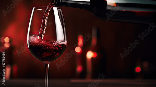 A dynamic image showing red wine being poured into a glass from a bottle. Assessing the quality of wine at a winery or drinking wine. Design for cover, interior design, poster, brochure, advertising.