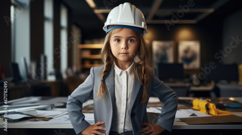 Portrait of a little girl looking like an engineer or architect wearing a helmet with blueprints on a table.