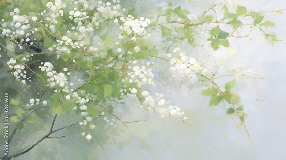White flowering bird cherry tree. Branch with small flowers. Prunus padus. Illustration for cover, card, postcard, interior design, poster, brochure, etc.