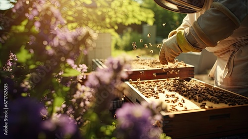 a beekeeper in action, the precise moment when they are removing a honeycomb from the beehive, the essence of the beekeeper's work