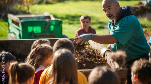 Farmer educating children on composting and sustainable farming.
