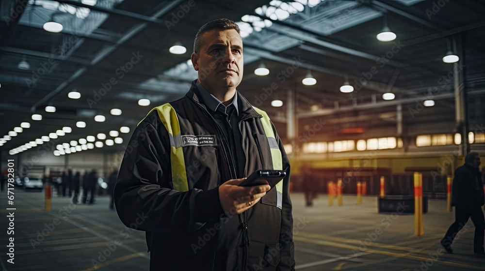 male security guard using a portable radio transmitter while performing a real task