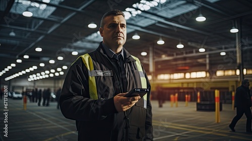 male security guard using a portable radio transmitter while performing a real task photo