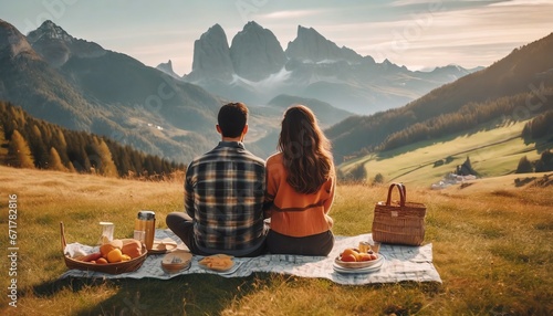 Young couple in love doing picnic visiting alps Dolomities. Boyfriend and girlfriend sitting and looking at the beautiful scenic green meadow landscape photo