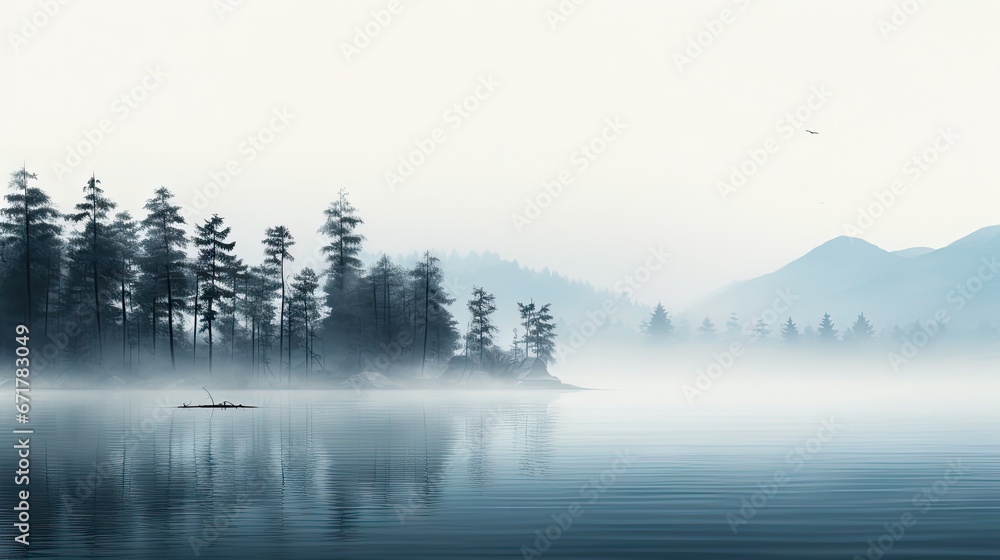a body of water with trees and a boat in the middle of it and a foggy sky in the background. generative ai a body of water with trees and a boat in the middle of it and a foggy sky in the background. generative ai