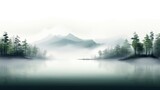  a painting of a foggy lake with trees on the shore and mountains on the other side of the lake.  generative ai