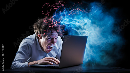 Man resisting computer's influence, surrounded by static electricity and waves. photo