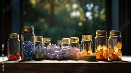 arranged colorful medicines and pills imitation of a natural or everyday scene