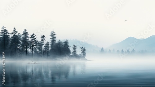  a body of water with trees and a boat in the middle of it and a foggy sky in the background. generative ai