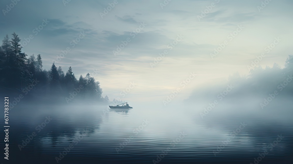  a boat floating on top of a body of water next to a forest filled with lots of trees on a foggy day.  generative ai