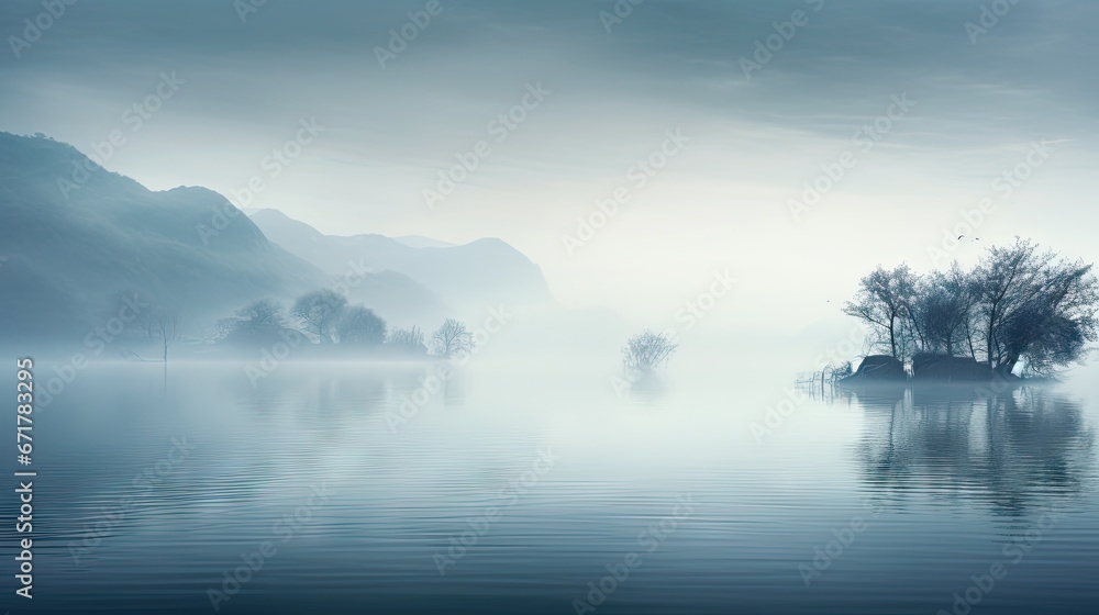  a body of water with a small island in the middle of it on a foggy day with mountains in the background.  generative ai