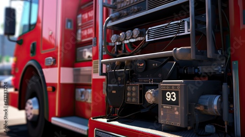 Close attention to fire truck parts, various components, functions and equipment of the truck
