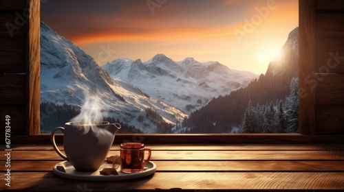  a cup and saucer on a wooden table in front of a window with a view of a mountain range.  generative ai