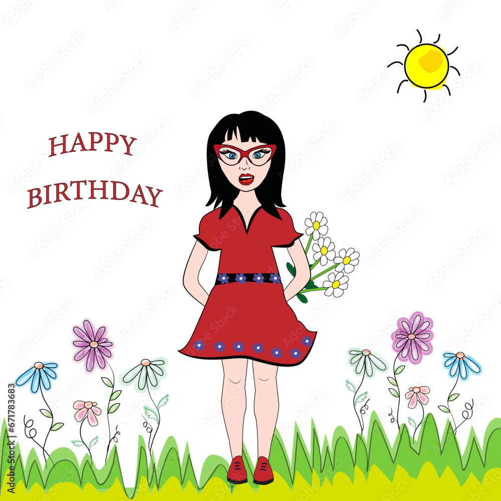 Felicitación de cumpleaños con mujer y ramo de flores. Felicitación de cumpleaños con mujer y ramo de flores.