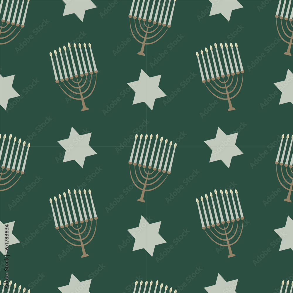 Vector seamless Hanukkah pattern Menorah and star of david on dark green background Vector seamless Hanukkah pattern Menorah and star of david on dark green background