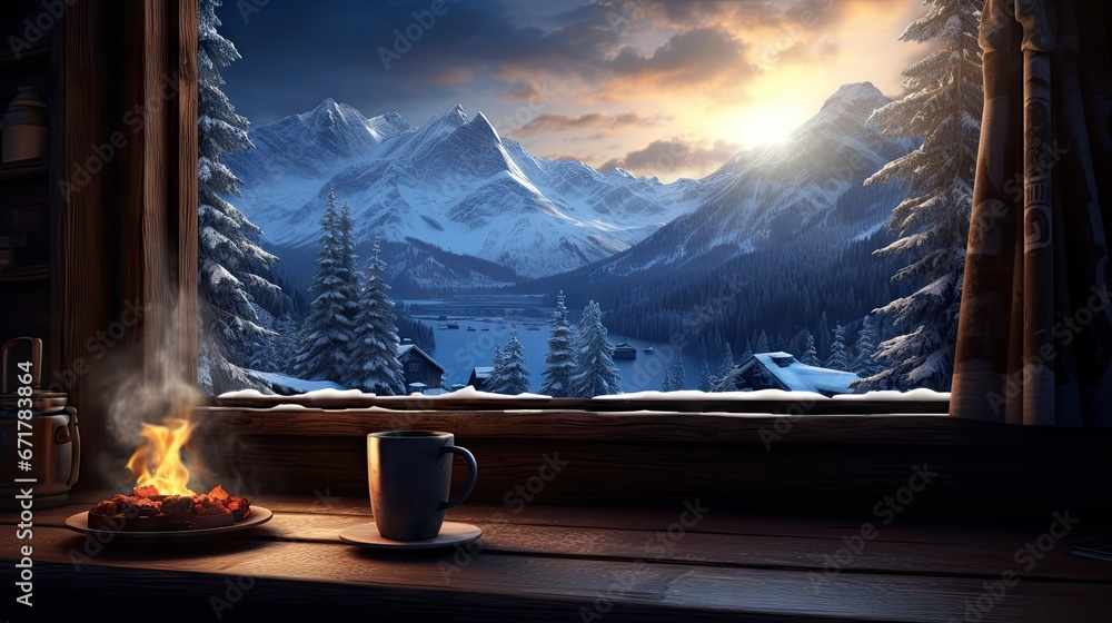 Fototapeta premium a cup of coffee and a plate of food on a table in front of a window with a mountain view. generative ai