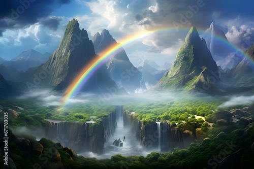 A striking double rainbow arching over a rugged mountain landscape.