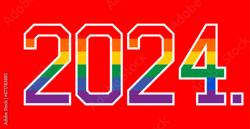 2024 in the colors of the gay flag on a red background