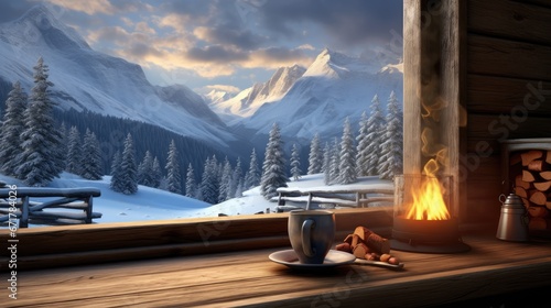  a cup of coffee sitting on a table next to a window with a view of a snowy mountain and forest. generative ai