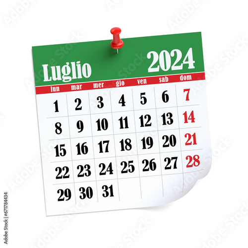 July Calendar 2024 in Italian Language. Isolated on White Background. 3D Illustration