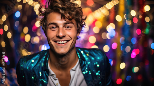 Young man with a radiant smile is surrounded by vibrant confetti and twinkling lights, embodying the essence of a lively celebration.