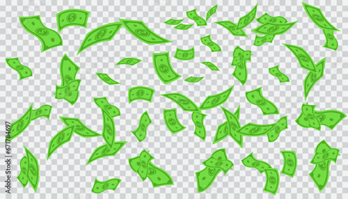 Transparent background of green dollars flying in the air, concept of currency, investment and wealth, vector graphics eps10