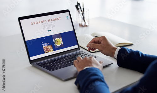 Online shopping menu, laptop and person hands reading screen for food delivery, restaurant webdesign or web store. About us, organic nutrition market and healthy customer decision on website homepage photo