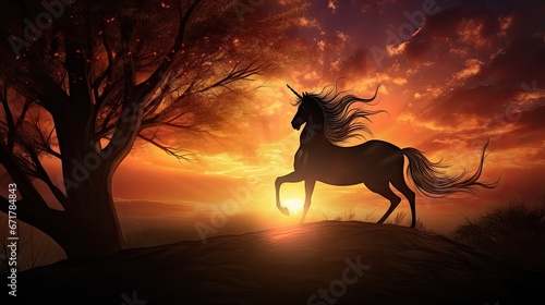  a horse that is standing in the dirt near a tree and a sky with a sunset in the back ground.  generative ai