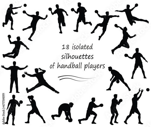 Set of 18 vector isolated silhouettes of handball players and goalkeepers jumping, running, throwing, catching the ball