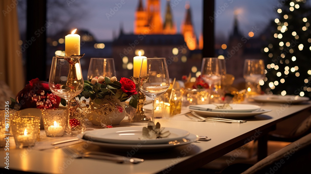 Christmas and New Year: Blurred Festive Table Setting with Decorated Tree, New York Landscape Christmas and New Year: Blurred Festive Table Setting with Decorated Tree, New York Landscape