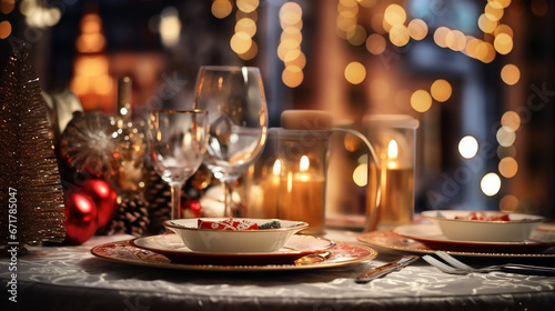 Christmas and New Year: Blurred Festive Table Setting with Decorated Tree, New York Landscape