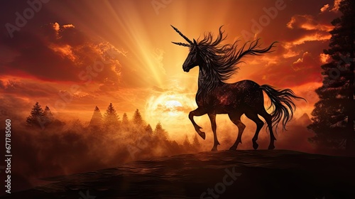  a painting of a unicorn on a hill with the sun in the background and trees in the foreground and clouds in the background.  generative ai