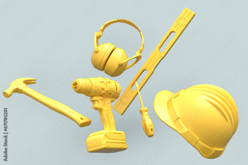 Flying view of monochrome construction tools for repair on grey background Flying view of monochrome construction tools for repair on grey background