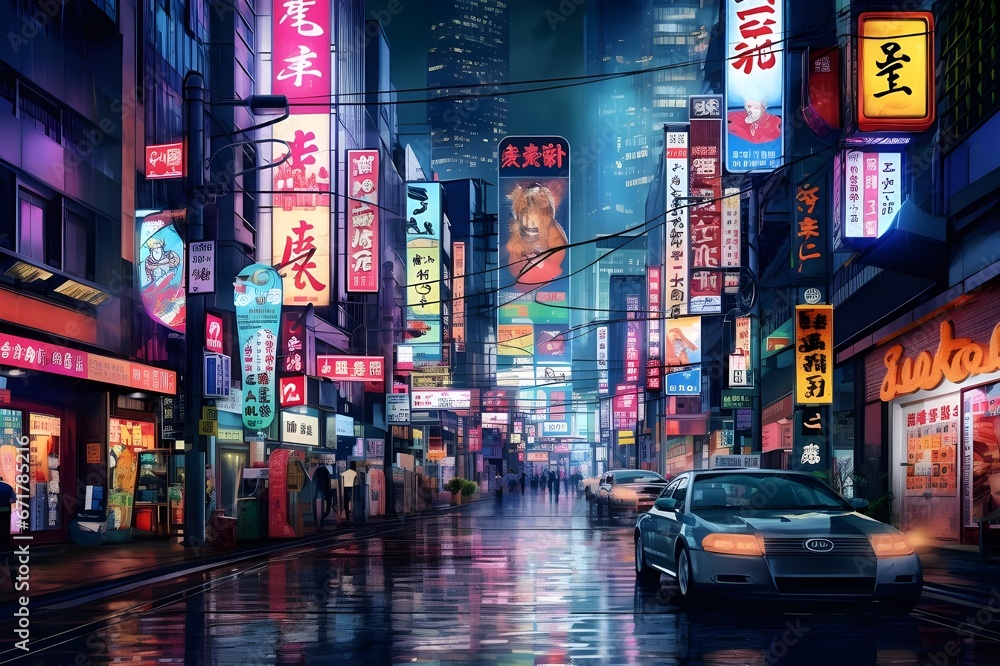 A bustling Tokyo street at night, alive with neon lights and energy.