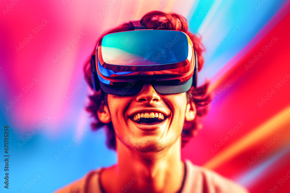 Concept image of a young man immersed in a virtual reality world using VR goggles. Concept of virtual world, virtual life, futuristic technology Concept image of a young man immersed in a virtual reality world using VR goggles. Concept of virtual world, virtual life, futuristic technology