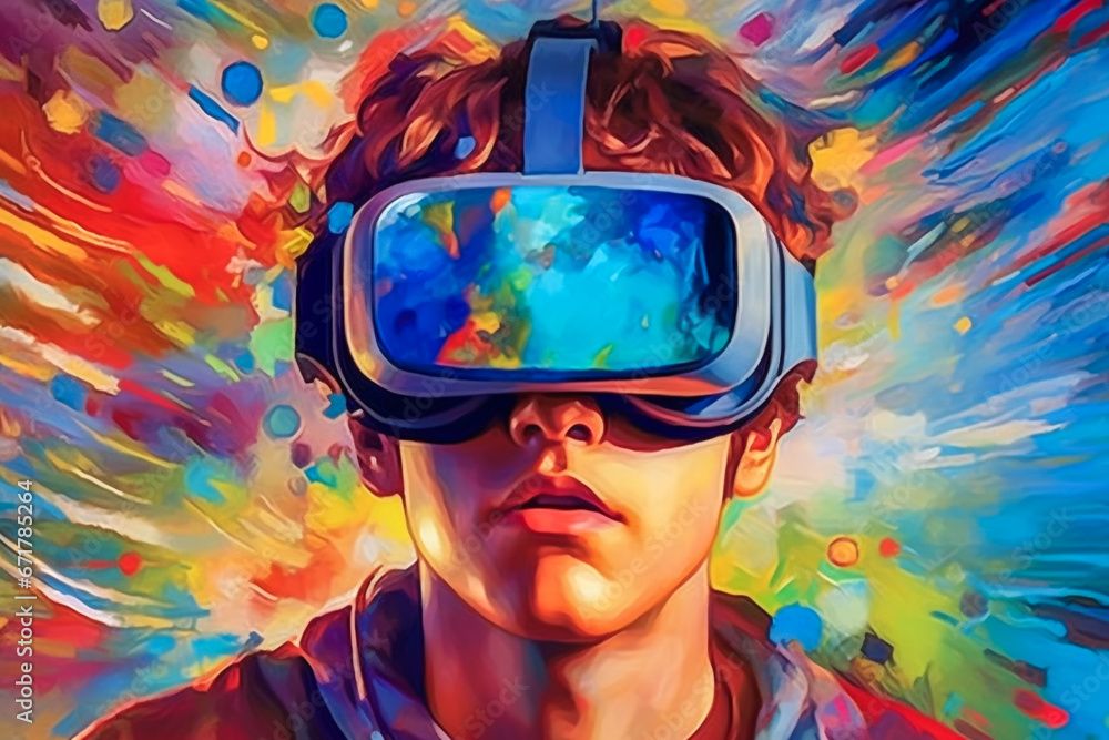 Concept image of a young man immersed in a virtual reality world using VR goggles. Concept of virtual world, virtual life, futuristic technology Concept image of a young man immersed in a virtual reality world using VR goggles. Concept of virtual world, virtual life, futuristic technology