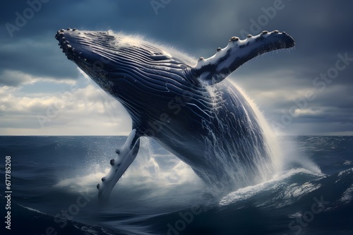 A majestic humpback whale breaching the surface of the ocean. © Tachfine Art