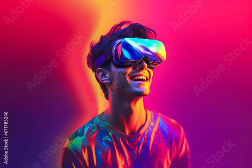 Concept image of a young man immersed in a virtual reality world using VR goggles. Concept of virtual world, virtual life, futuristic technology