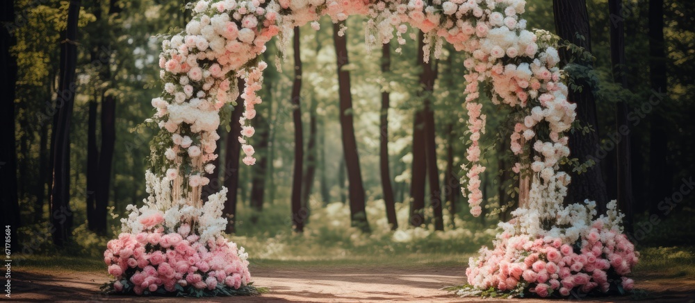 Obraz premium Pink and white flower decorated arch stands in the wedding ceremony area surrounded by woods