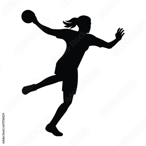 Black silhouette of a professional women's handball player who throws a ball jumping