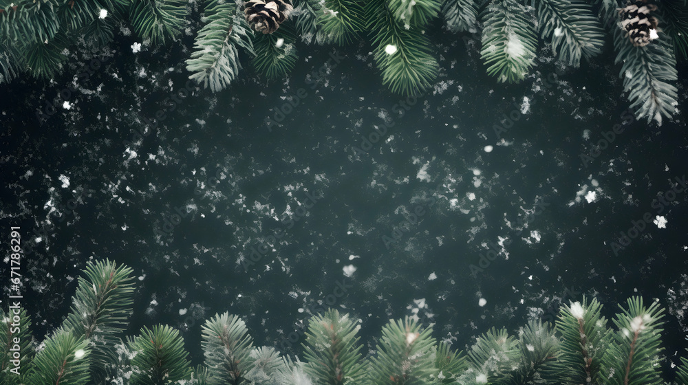 Spruce fir branches covered with snow. Winter scenery. Christmas background with copy space. Magical snowfall in forest. Holiday composition. Generative ai.