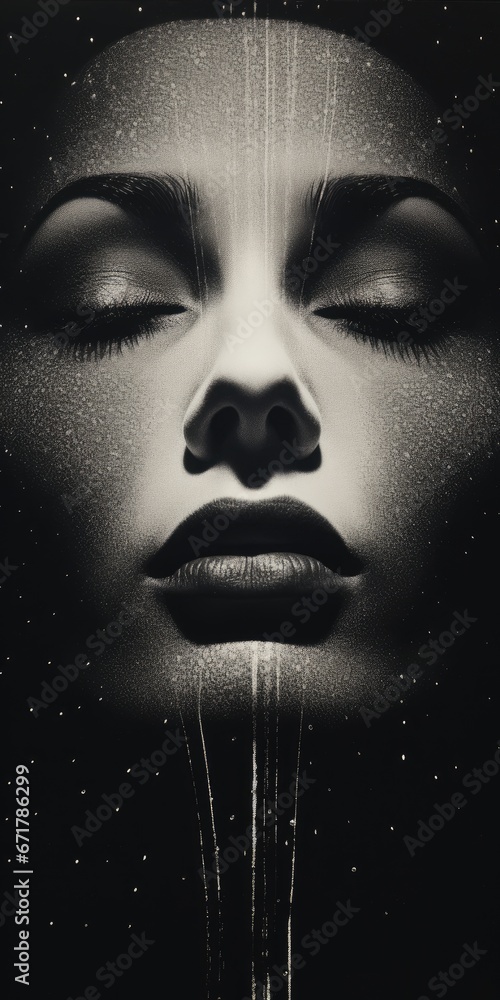 a black and white photo of a woman's face with her eyes closed and stars in the sky above her. generative ai a black and white photo of a woman's face with her eyes closed and stars in the sky above her. generative ai