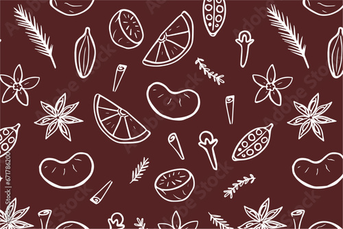 Seamless pattern of mulled wine spices, anise stars, cinnamon, fir branches, orange slices, zest, cloves. Hot drink recipe ingredients. Vector wallpaper. Hand drawn backdrop. Aromatic spice. 