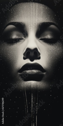  a black and white photo of a woman's face with her eyes closed and stars in the sky above her.  generative ai