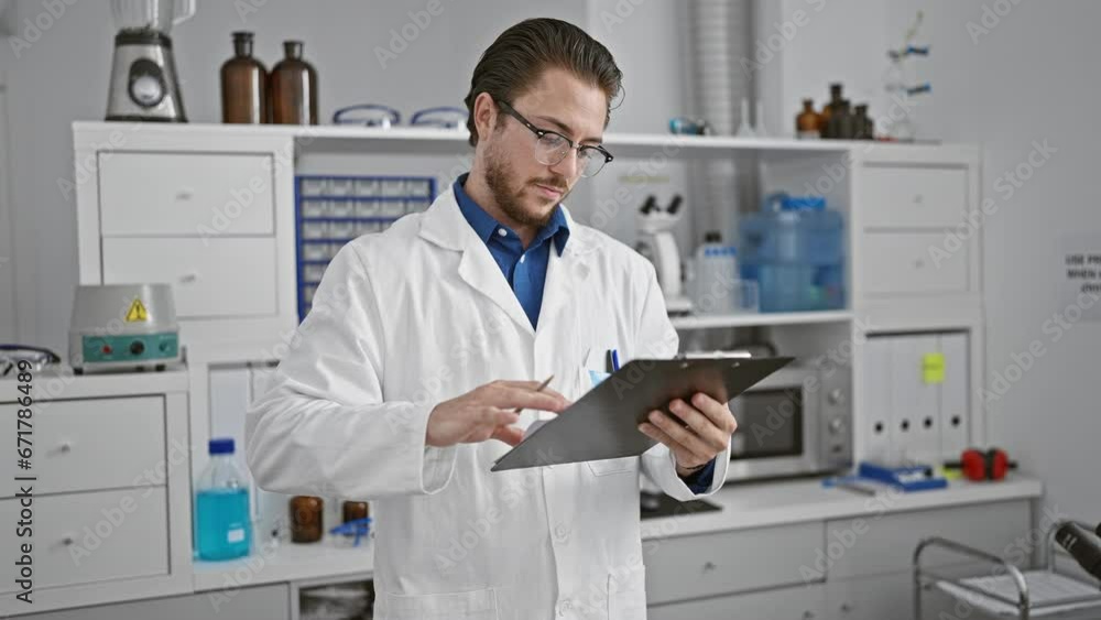 Young hispanic man scientist writing report standing at laboratory Young hispanic man scientist writing report standing at laboratory