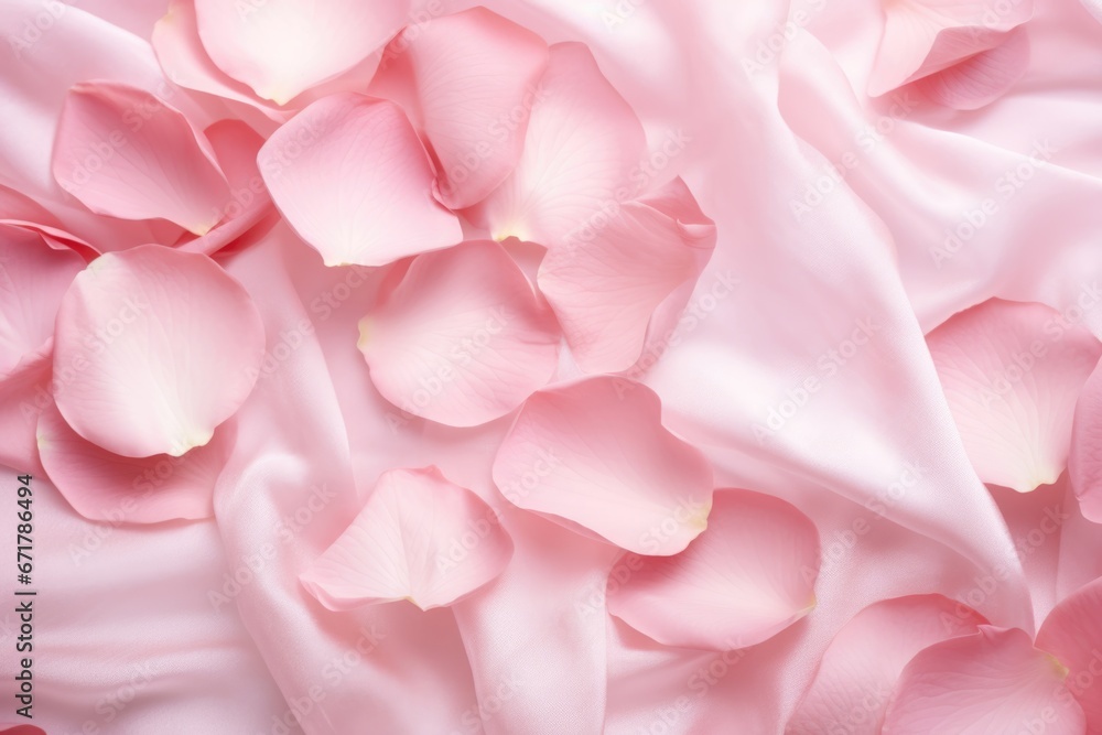 pink satin, silk fabric with rose petals texture background