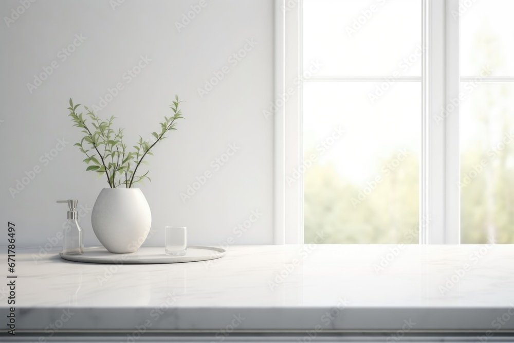 Empty marble table top for product display with blurred bathroom interior background. White bathroom interior. Empty marble table top for product display with blurred bathroom interior background. White bathroom interior.